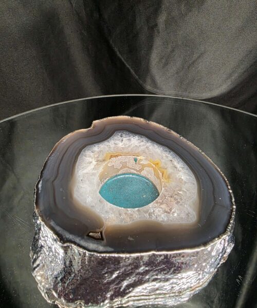 Large Grey - Natural Agate Slice 2 Handpicked 611g H2xW12xD12cm  Microcrystalline Quartz Silver Gilded Tealight Candle Holder