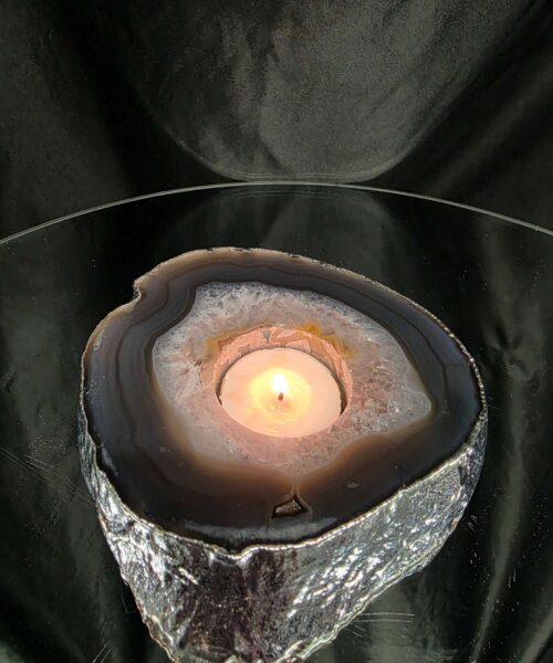 Large Grey - Natural Agate Slice 2 Handpicked 611g H2xW12xD12cm  Microcrystalline Quartz Silver Gilded Tealight Candle Holder - Image 11