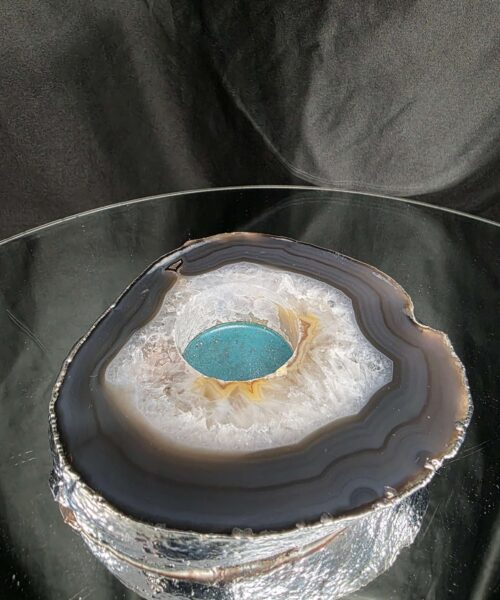 Large Grey - Natural Agate Slice 2 Handpicked 611g H2xW12xD12cm  Microcrystalline Quartz Silver Gilded Tealight Candle Holder - Image 3
