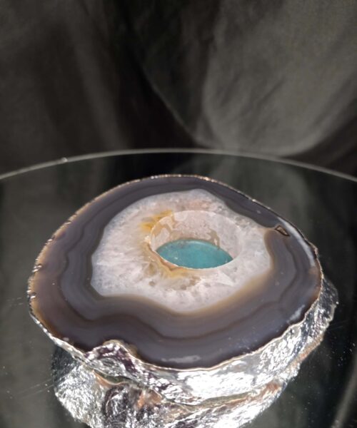 Large Grey - Natural Agate Slice 2 Handpicked 611g H2xW12xD12cm  Microcrystalline Quartz Silver Gilded Tealight Candle Holder - Image 4