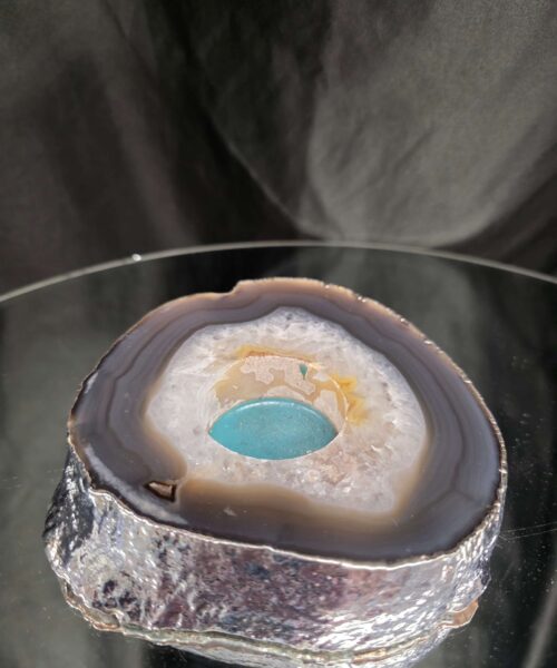 Large Grey - Natural Agate Slice 2 Handpicked 611g H2xW12xD12cm  Microcrystalline Quartz Silver Gilded Tealight Candle Holder - Image 5