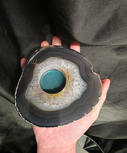 Large Grey - Natural Agate Slice 2 Handpicked 611g H2xW12xD12cm  Microcrystalline Quartz Silver Gilded Tealight Candle Holder - Image 6