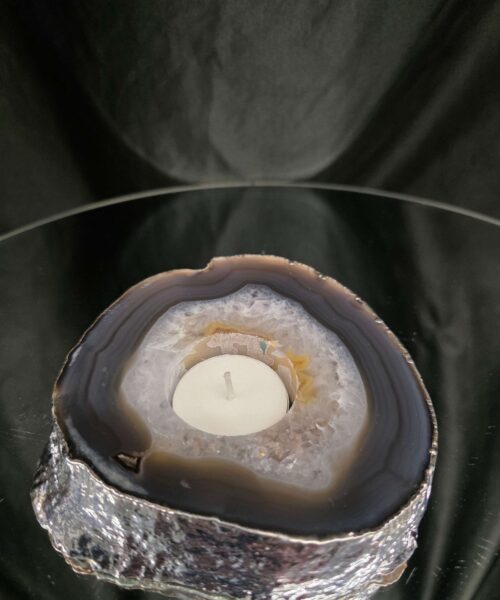 Large Grey - Natural Agate Slice 2 Handpicked 611g H2xW12xD12cm  Microcrystalline Quartz Silver Gilded Tealight Candle Holder - Image 8