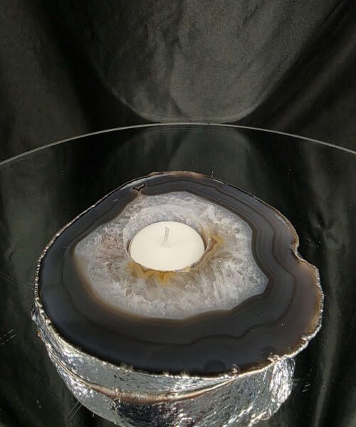 Large Grey - Natural Agate Slice 2 Handpicked 611g H2xW12xD12cm  Microcrystalline Quartz Silver Gilded Tealight Candle Holder - Image 9