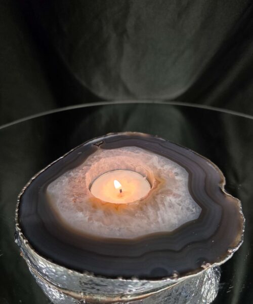 Large Grey - Natural Agate Slice 2 Handpicked 611g H2xW12xD12cm  Microcrystalline Quartz Silver Gilded Tealight Candle Holder - Image 10