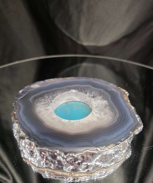 Large Grey - Natural Agate Slice 3 Handpicked 487g H2xW13xD11cm Microcrystalline Quartz Silver Gilded Tealight Candle Holder