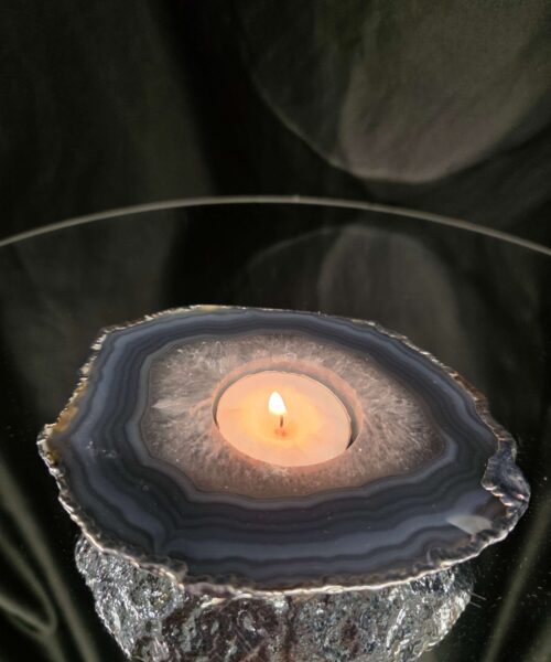 Large Grey - Natural Agate Slice 3 Handpicked 487g H2xW13xD11cm Microcrystalline Quartz Silver Gilded Tealight Candle Holder - Image 11