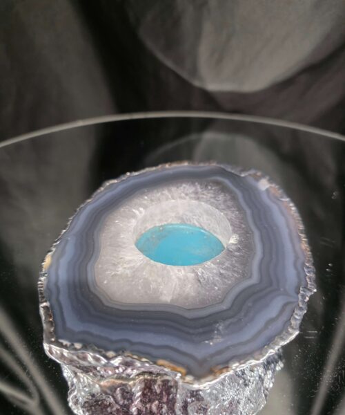 Large Grey - Natural Agate Slice 3 Handpicked 487g H2xW13xD11cm Microcrystalline Quartz Silver Gilded Tealight Candle Holder - Image 3