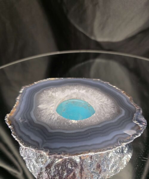 Large Grey - Natural Agate Slice 3 Handpicked 487g H2xW13xD11cm Microcrystalline Quartz Silver Gilded Tealight Candle Holder - Image 4