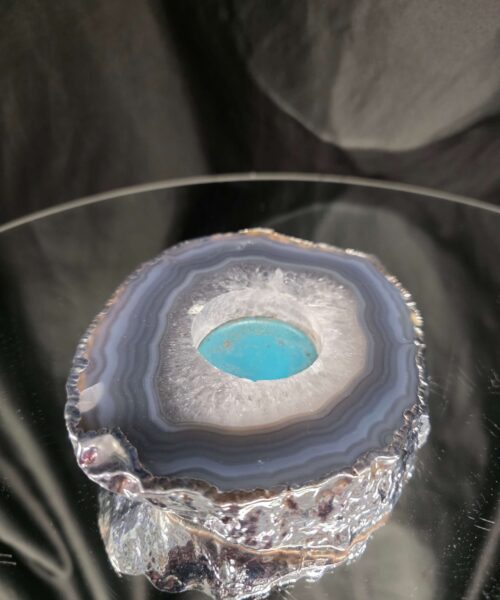 Large Grey - Natural Agate Slice 3 Handpicked 487g H2xW13xD11cm Microcrystalline Quartz Silver Gilded Tealight Candle Holder - Image 5