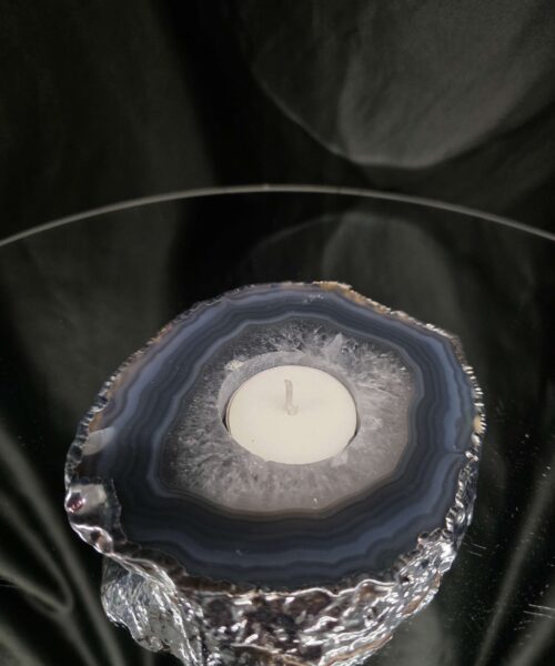 Large Grey - Natural Agate Slice 3 Handpicked 487g H2xW13xD11cm Microcrystalline Quartz Silver Gilded Tealight Candle Holder - Image 8