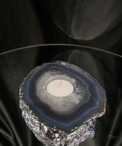 Large Grey - Natural Agate Slice 3 Handpicked 487g H2xW13xD11cm Microcrystalline Quartz Silver Gilded Tealight Candle Holder - Image 9