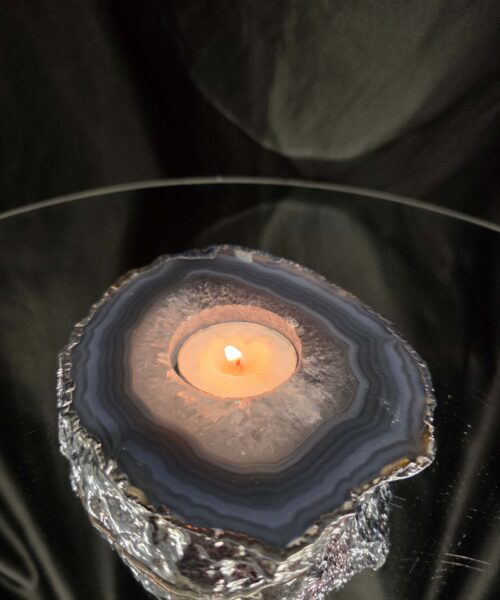 Large Grey - Natural Agate Slice 3 Handpicked 487g H2xW13xD11cm Microcrystalline Quartz Silver Gilded Tealight Candle Holder - Image 10
