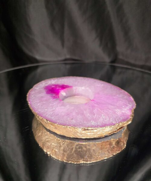 Pink Agate Slice 1 Handpicked 483g H2xW13xD11cm Microcrystalline Quartz Gold Gilded 24ct Tealight Candle Holder - Image 4