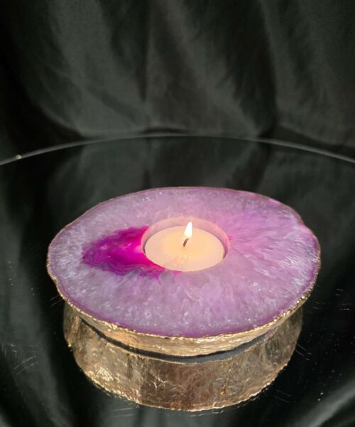 Pink Agate Slice 1 Handpicked 483g H2xW13xD11cm Microcrystalline Quartz Gold Gilded 24ct Tealight Candle Holder