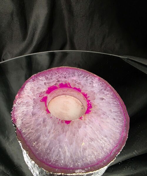 Alternative view of Pink Agate Slice 1 Handpicked 418g H2xW12xD11cm Microcrystalline Quartz Silver Gilded Tealight Candle Holder
