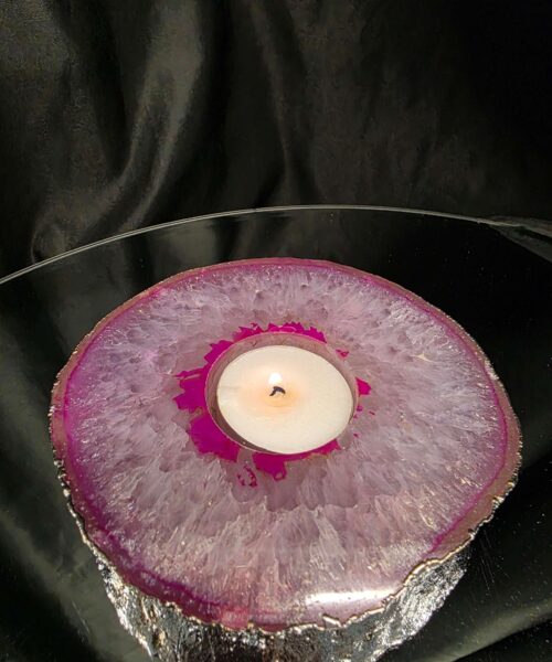 Pink Agate Slice 1 Handpicked 418g H2xW12xD11cm Microcrystalline Quartz Silver Gilded Tealight Candle Holder - Image 11