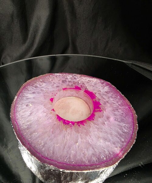 Pink Agate Slice 1 Handpicked 418g H2xW12xD11cm Microcrystalline Quartz Silver Gilded Tealight Candle Holder - Image 3