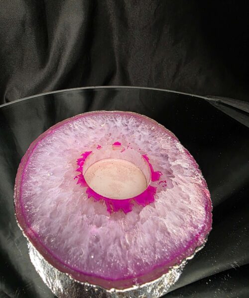 Pink Agate Slice 1 Handpicked 418g H2xW12xD11cm Microcrystalline Quartz Silver Gilded Tealight Candle Holder - Image 4