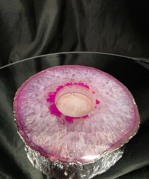 Pink Agate Slice 1 Handpicked 418g H2xW12xD11cm Microcrystalline Quartz Silver Gilded Tealight Candle Holder - Image 5