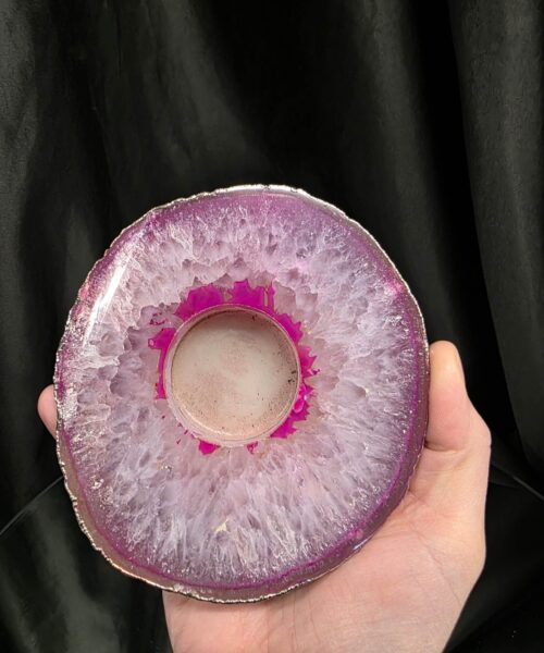 Pink Agate Slice 1 Handpicked 418g H2xW12xD11cm Microcrystalline Quartz Silver Gilded Tealight Candle Holder - Image 6