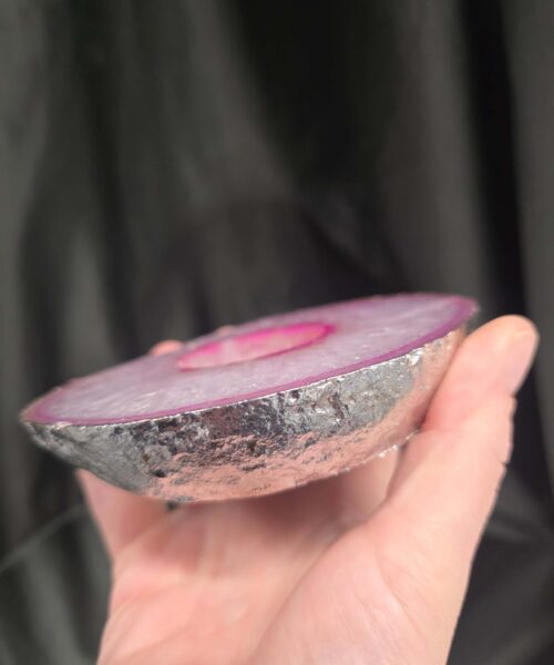 Pink Agate Slice 1 Handpicked 418g H2xW12xD11cm Microcrystalline Quartz Silver Gilded Tealight Candle Holder - Image 7