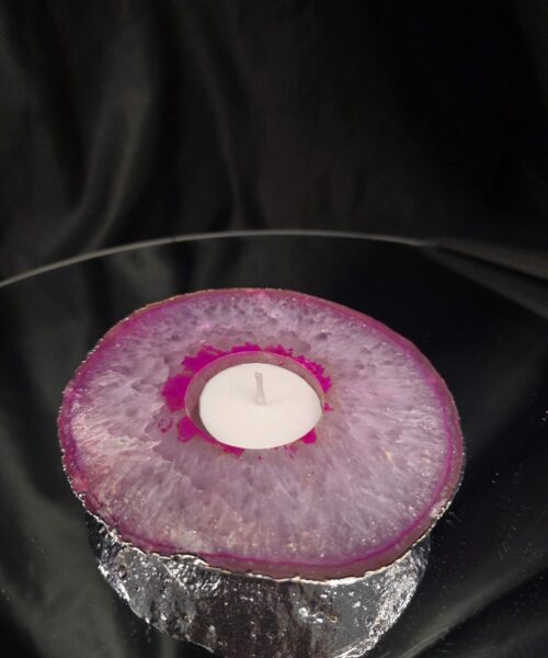 Pink Agate Slice 1 Handpicked 418g H2xW12xD11cm Microcrystalline Quartz Silver Gilded Tealight Candle Holder - Image 8