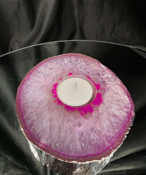 Pink Agate Slice 1 Handpicked 418g H2xW12xD11cm Microcrystalline Quartz Silver Gilded Tealight Candle Holder