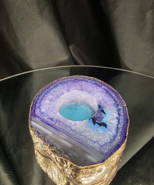 Large Purple Agate Slice 1 Handpicked 427g H2.5xW11xD10cm Microcrystalline Quartz Gold Gilded 24ct Tealight Candle Holder - Image 3