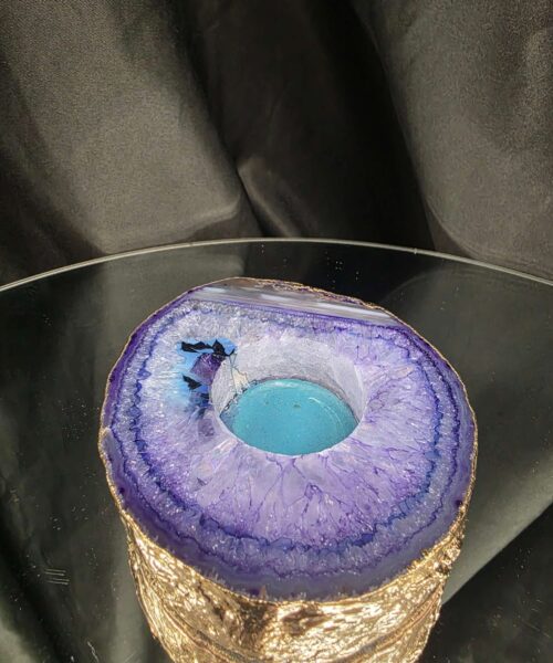 Large Purple Agate Slice 1 Handpicked 427g H2.5xW11xD10cm Microcrystalline Quartz Gold Gilded 24ct Tealight Candle Holder