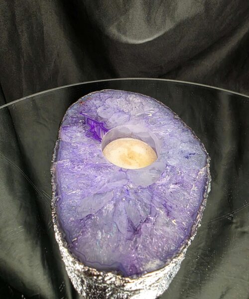 Purple Agate Slice 1 Handpicked 546g H2xW15xD10cm Microcrystalline Quartz Silver Gilded Tealight Candle Holder