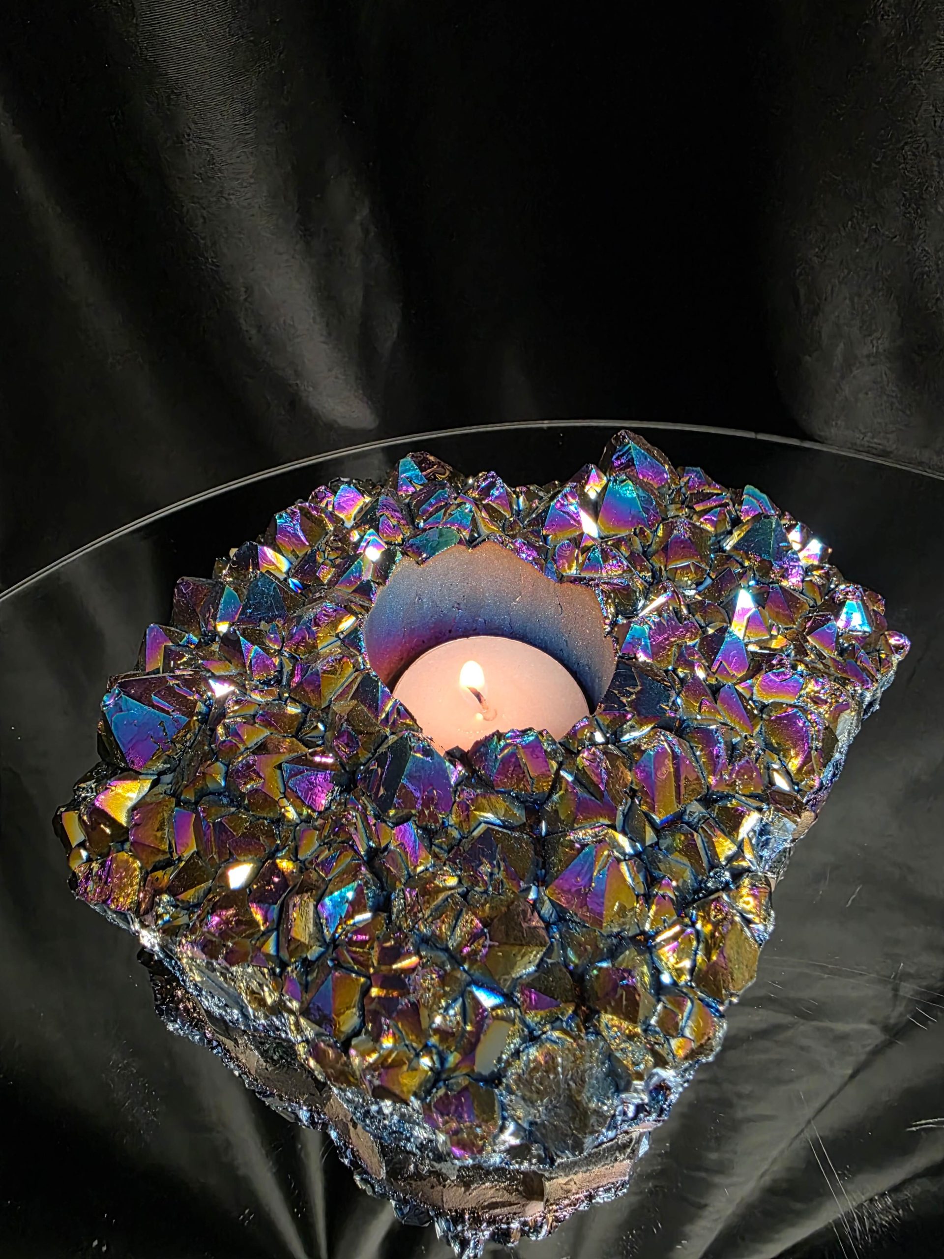 Rainbow Quartz Candle No. 1 Aura, Titanium, Point, Cluster, Gemstone Tealight Holder 1.006g H5.5xW16xD12.5cm