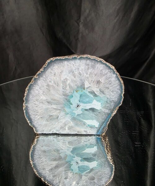 Large Teal Agate End Candle 1 Handpicked 1.062g H9xW10xD10cm Microcrystalline Quartz Gold Gilded 24ct Gold Tealight Holder