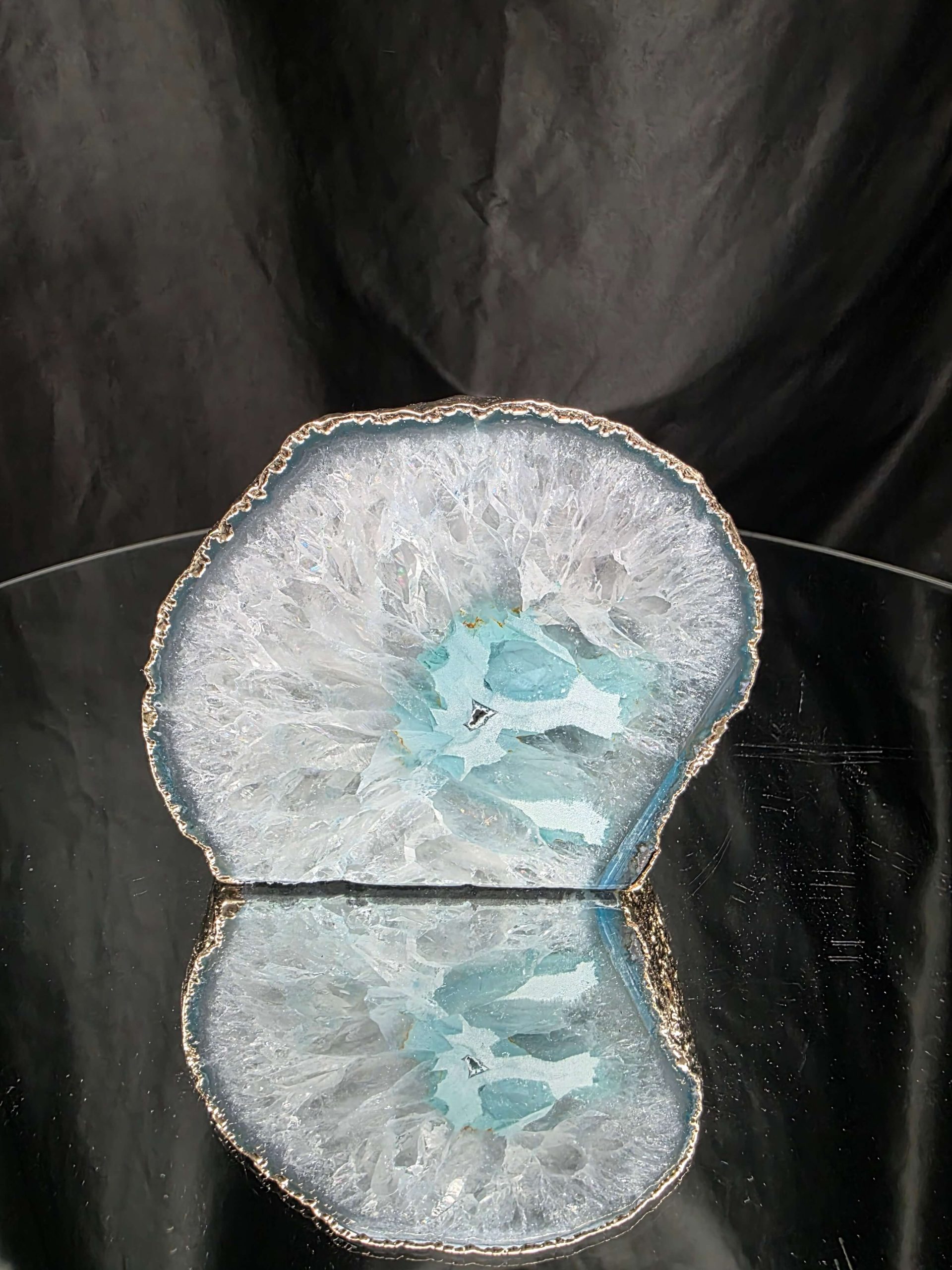 Large Teal Agate End Candle 1 Handpicked 1.062g H9xW10xD10cm Microcrystalline Quartz Gold Gilded 24ct Gold Tealight Holder