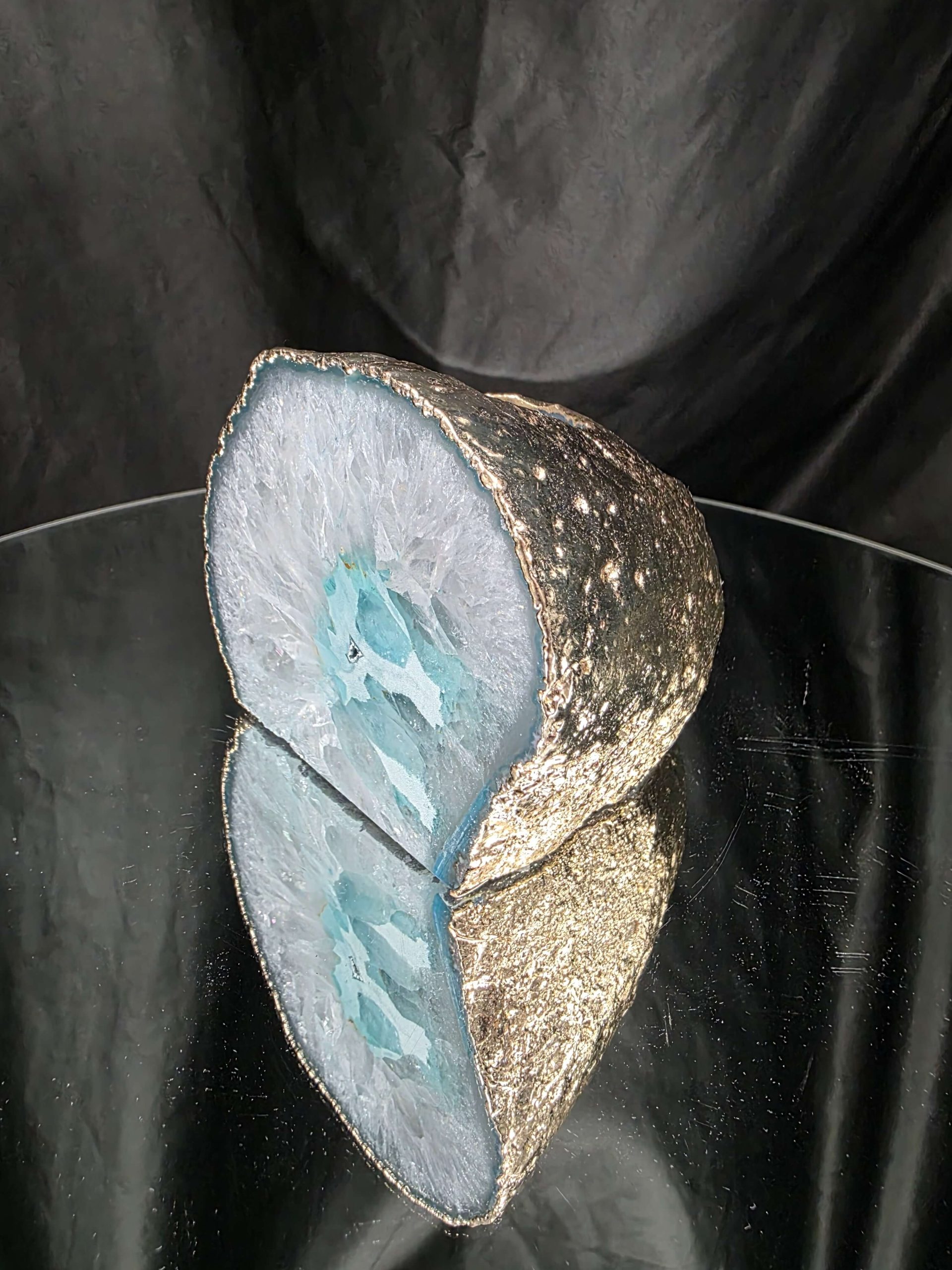 Large Teal Agate End Candle 1 Handpicked 1.062g H9xW10xD10cm Microcrystalline Quartz Gold Gilded 24ct Gold Tealight Holder - Image 2