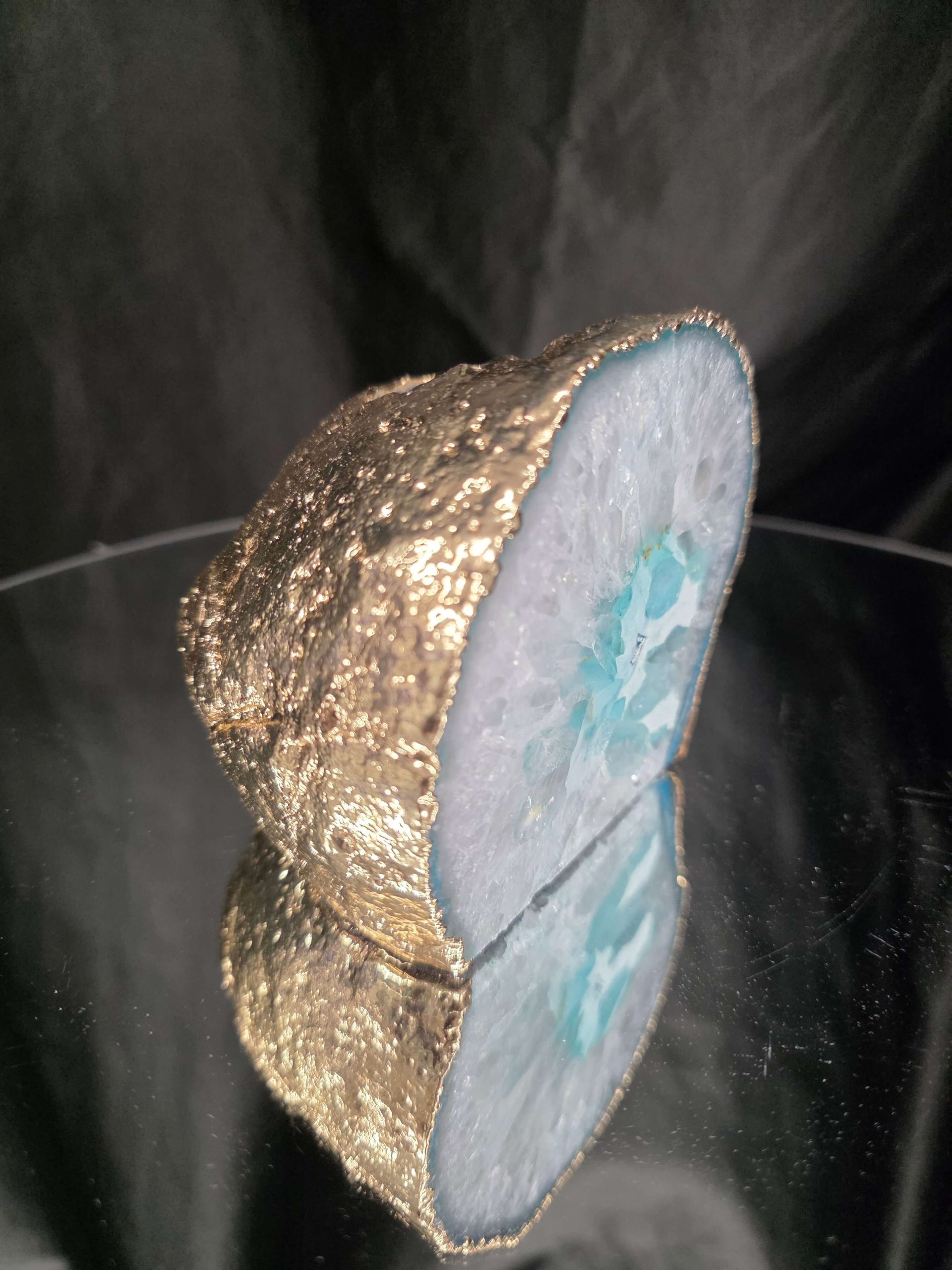 Large Teal Agate End Candle 1 Handpicked 1.062g H9xW10xD10cm Microcrystalline Quartz Gold Gilded 24ct Gold Tealight Holder - Image 3