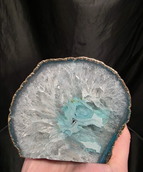 Large Teal Agate End Candle 1 Handpicked 1.062g H9xW10xD10cm Microcrystalline Quartz Gold Gilded 24ct Gold Tealight Holder - Image 7