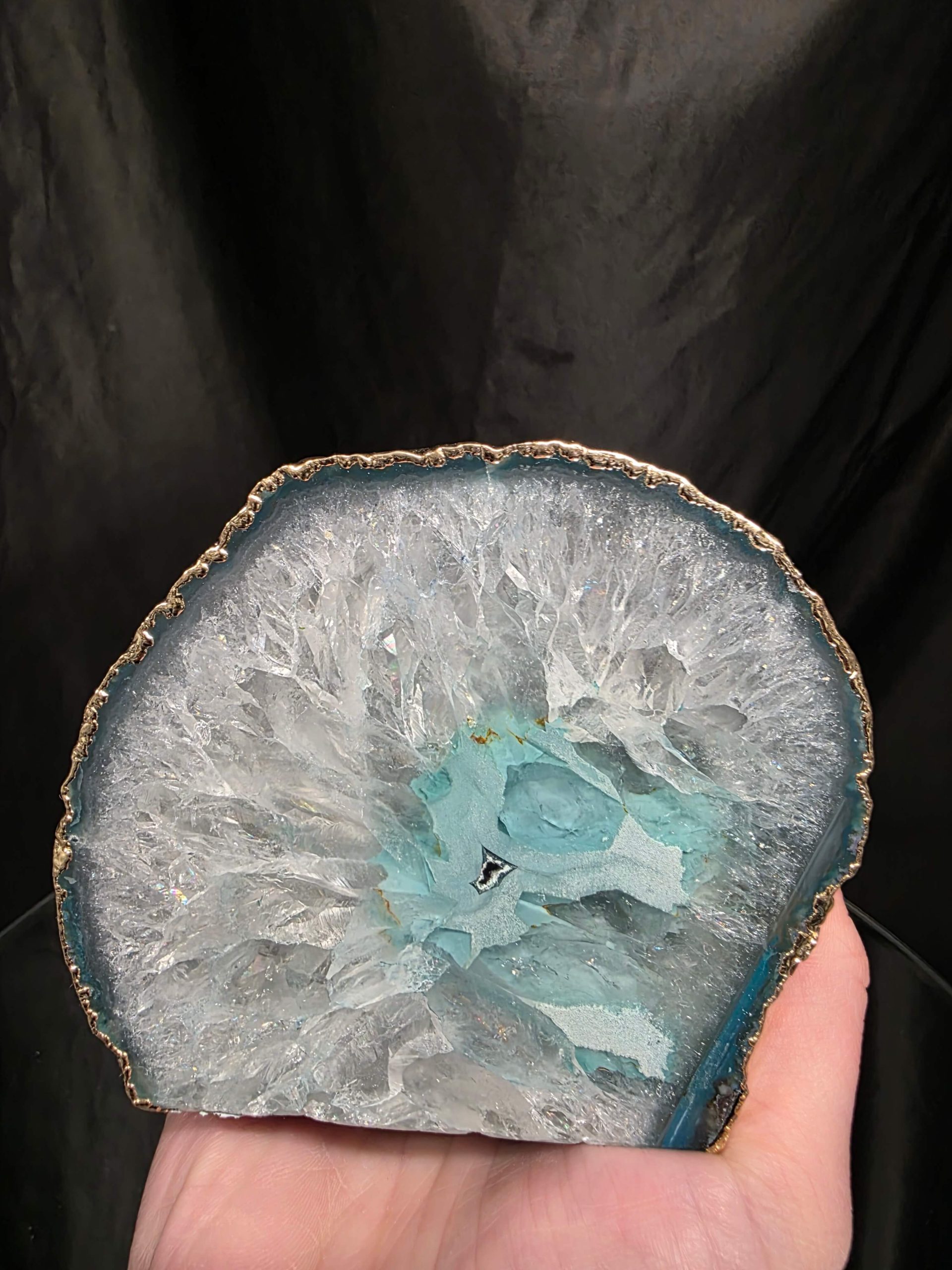 Large Teal Agate End Candle 1 Handpicked 1.062g H9xW10xD10cm Microcrystalline Quartz Gold Gilded 24ct Gold Tealight Holder - Image 7