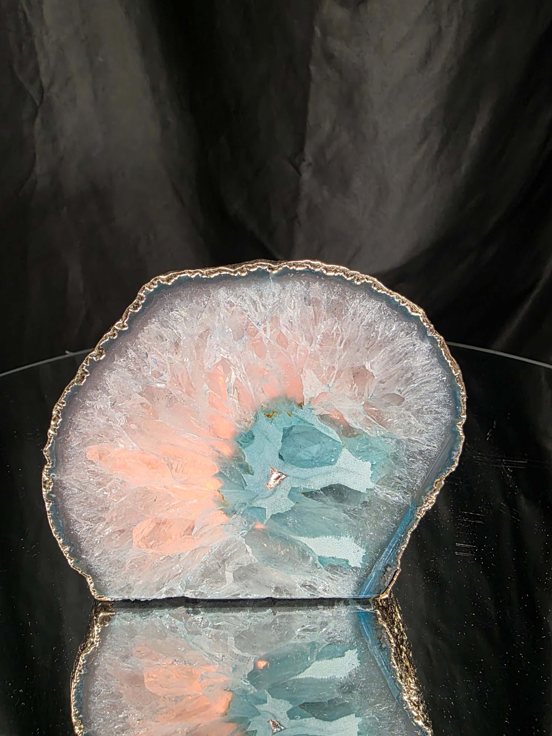 Large Teal Agate End Candle 1 Handpicked 1.062g H9xW10xD10cm Microcrystalline Quartz Gold Gilded 24ct Gold Tealight Holder - Image 8