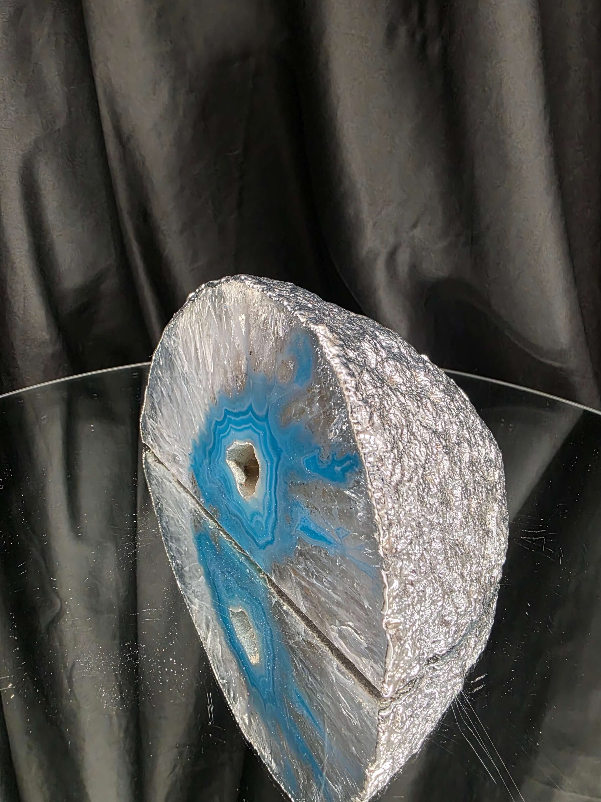 Large Teal Agate End Candle 1 Handpicked 1.471g H9xW16xD9.5cm Microcrystalline Quartz Silver Gilded Tealight Holder - Image 3