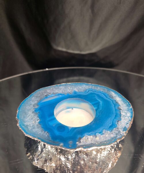 Large Teal Agate Slice 1 Handpicked 301g H2xW12xD10cm Microcrystalline Quartz Silver Gilded Tealight Candle Holder Ornament