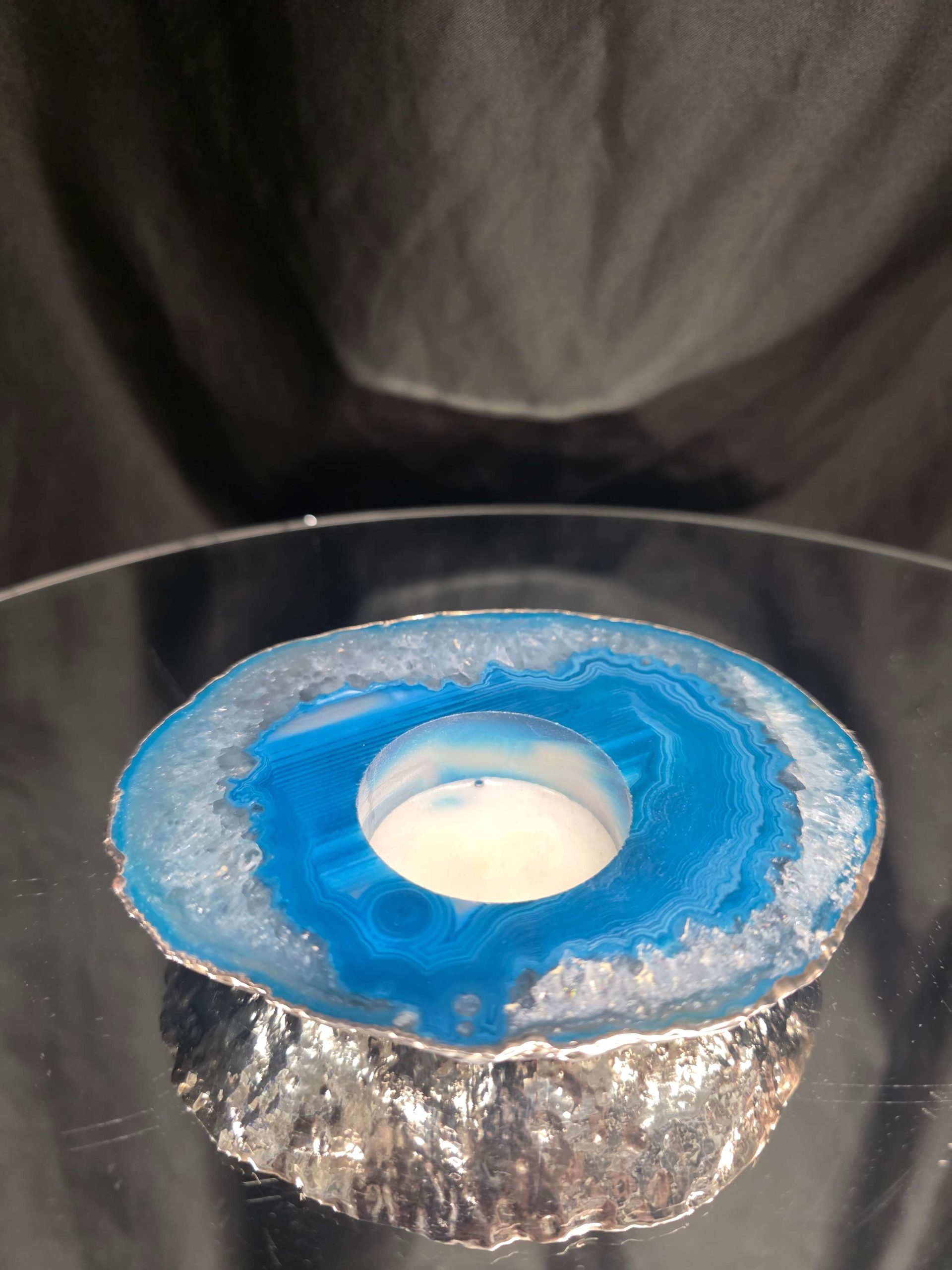 Large Teal Agate Slice 1 Handpicked 301g H2xW12xD10cm Microcrystalline Quartz Silver Gilded Tealight Candle Holder Ornament