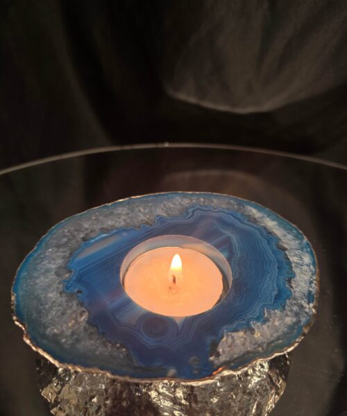 Large Teal Agate Slice 1 Handpicked 301g H2xW12xD10cm Microcrystalline Quartz Silver Gilded Tealight Candle Holder Ornament - Image 10