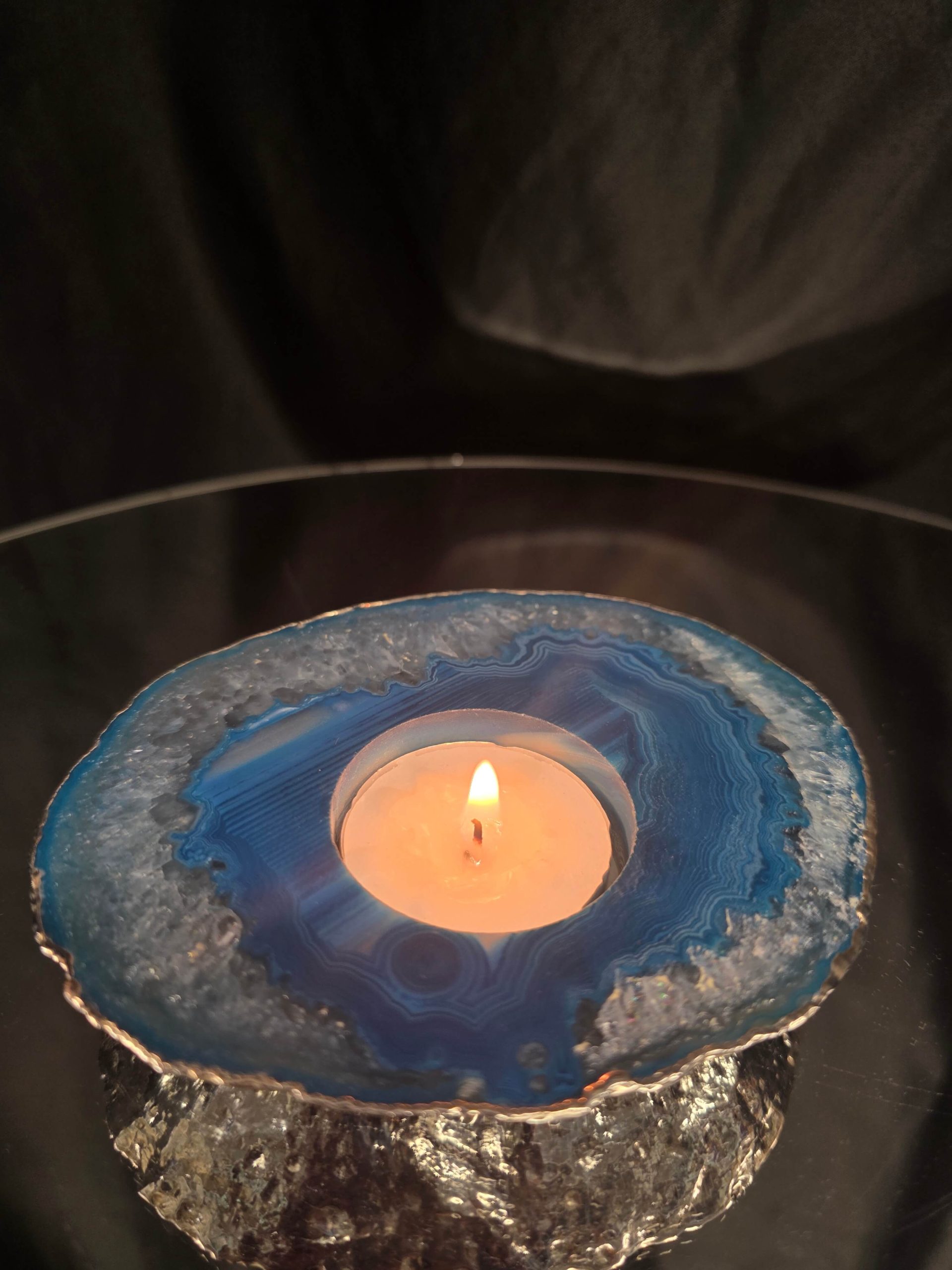 Large Teal Agate Slice 1 Handpicked 301g H2xW12xD10cm Microcrystalline Quartz Silver Gilded Tealight Candle Holder Ornament - Image 10