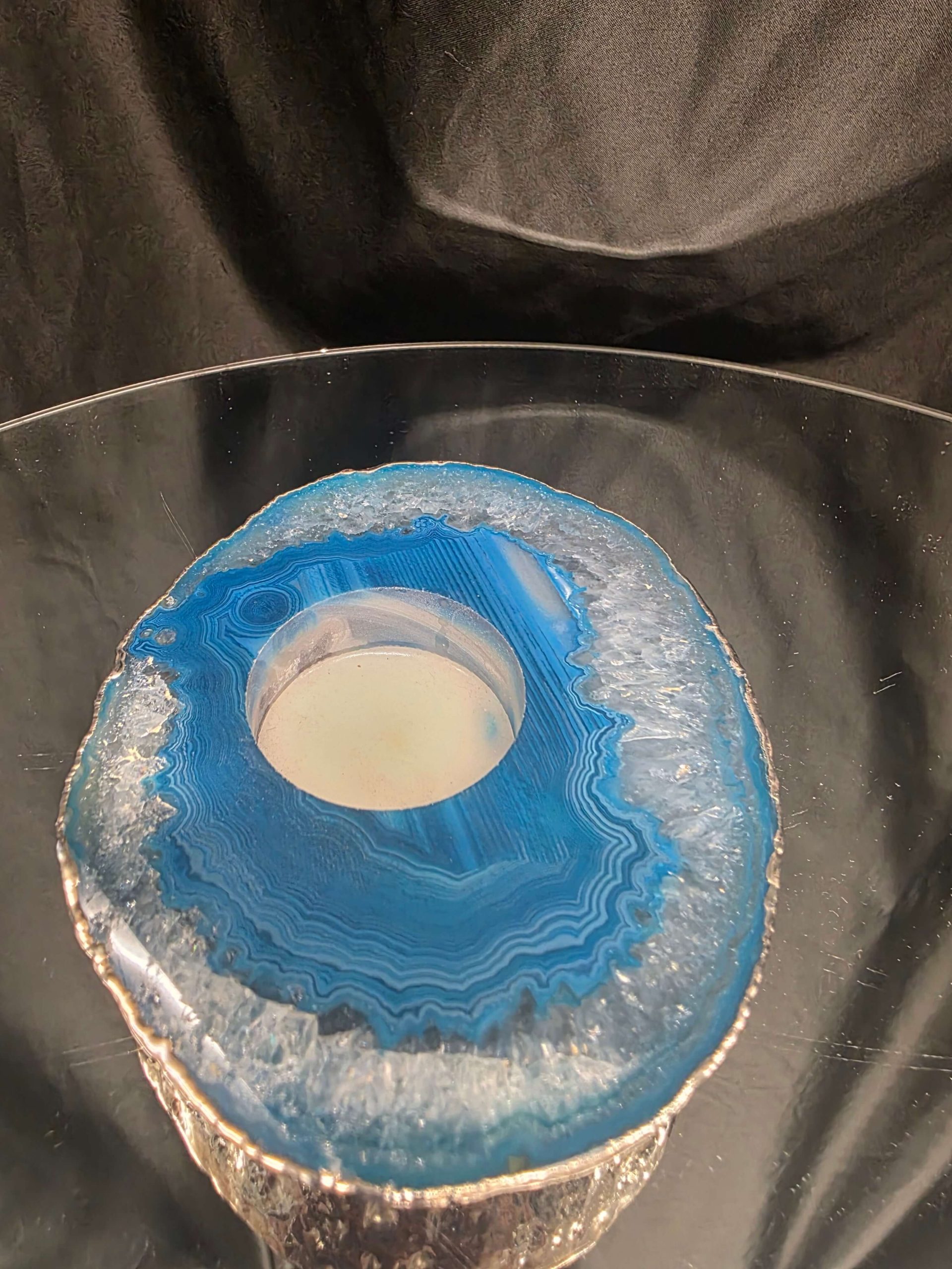 Large Teal Agate Slice 1 Handpicked 301g H2xW12xD10cm Microcrystalline Quartz Silver Gilded Tealight Candle Holder Ornament - Image 2