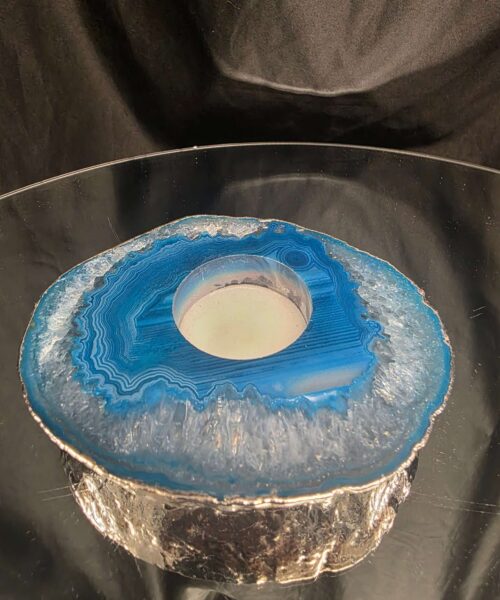 Large Teal Agate Slice 1 Handpicked 301g H2xW12xD10cm Microcrystalline Quartz Silver Gilded Tealight Candle Holder Ornament - Image 3