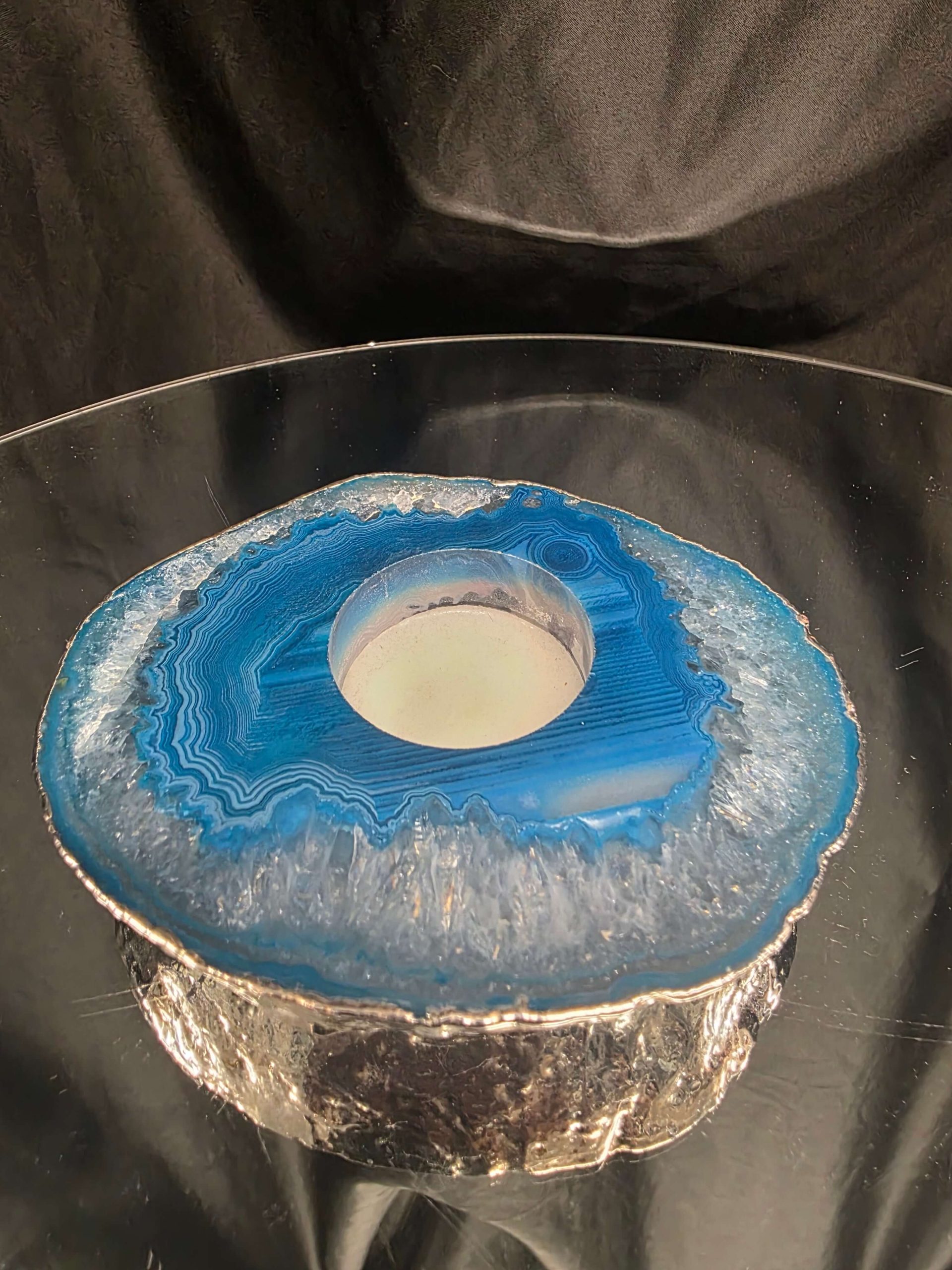 Large Teal Agate Slice 1 Handpicked 301g H2xW12xD10cm Microcrystalline Quartz Silver Gilded Tealight Candle Holder Ornament - Image 3
