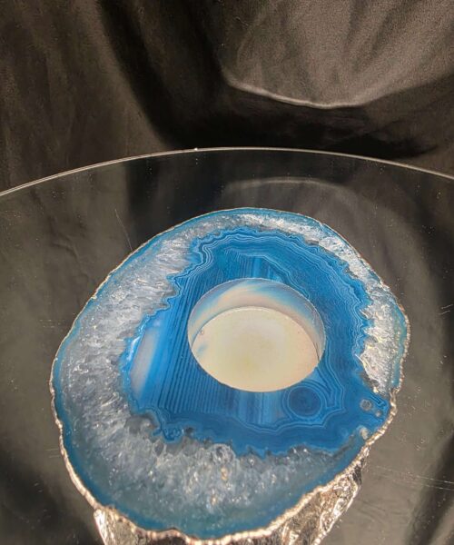 Large Teal Agate Slice 1 Handpicked 301g H2xW12xD10cm Microcrystalline Quartz Silver Gilded Tealight Candle Holder Ornament - Image 4