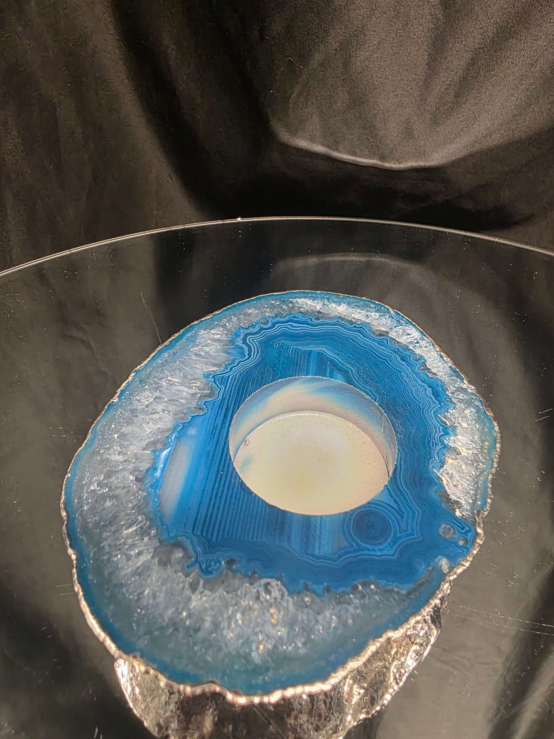 Large Teal Agate Slice 1 Handpicked 301g H2xW12xD10cm Microcrystalline Quartz Silver Gilded Tealight Candle Holder Ornament - Image 4