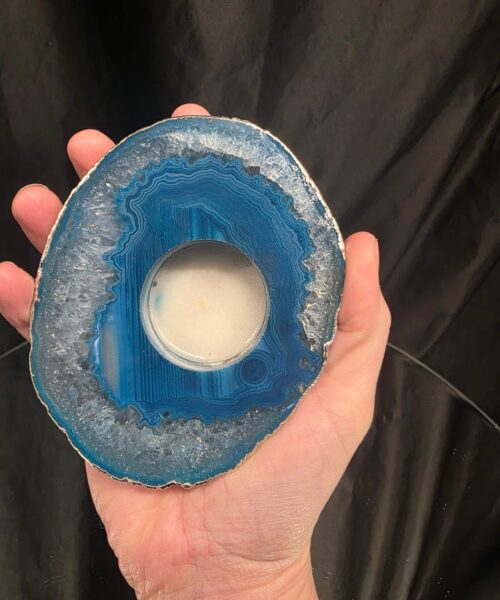 Large Teal Agate Slice 1 Handpicked 301g H2xW12xD10cm Microcrystalline Quartz Silver Gilded Tealight Candle Holder Ornament - Image 5